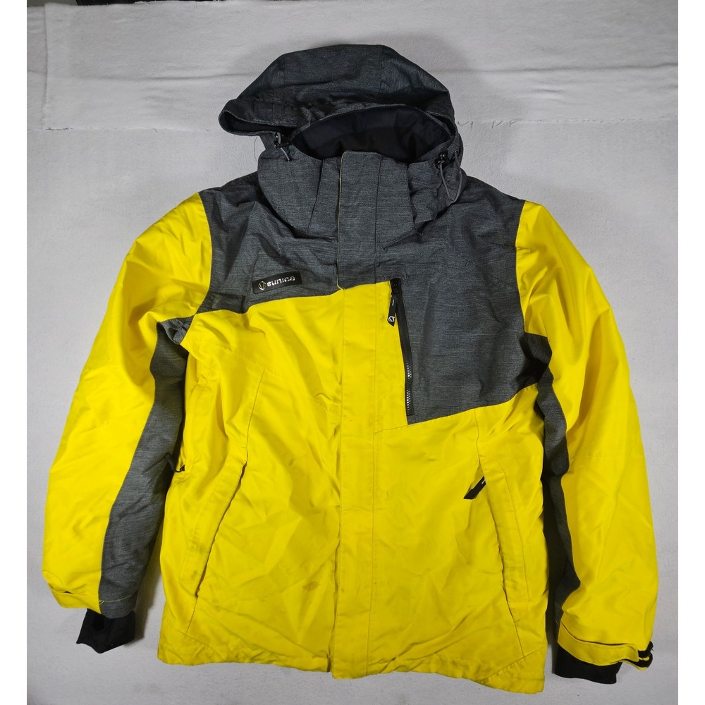 Sunice Mens Ski Jacket Medium Yellow Grey Hooded Waterproof Snowboard Coat